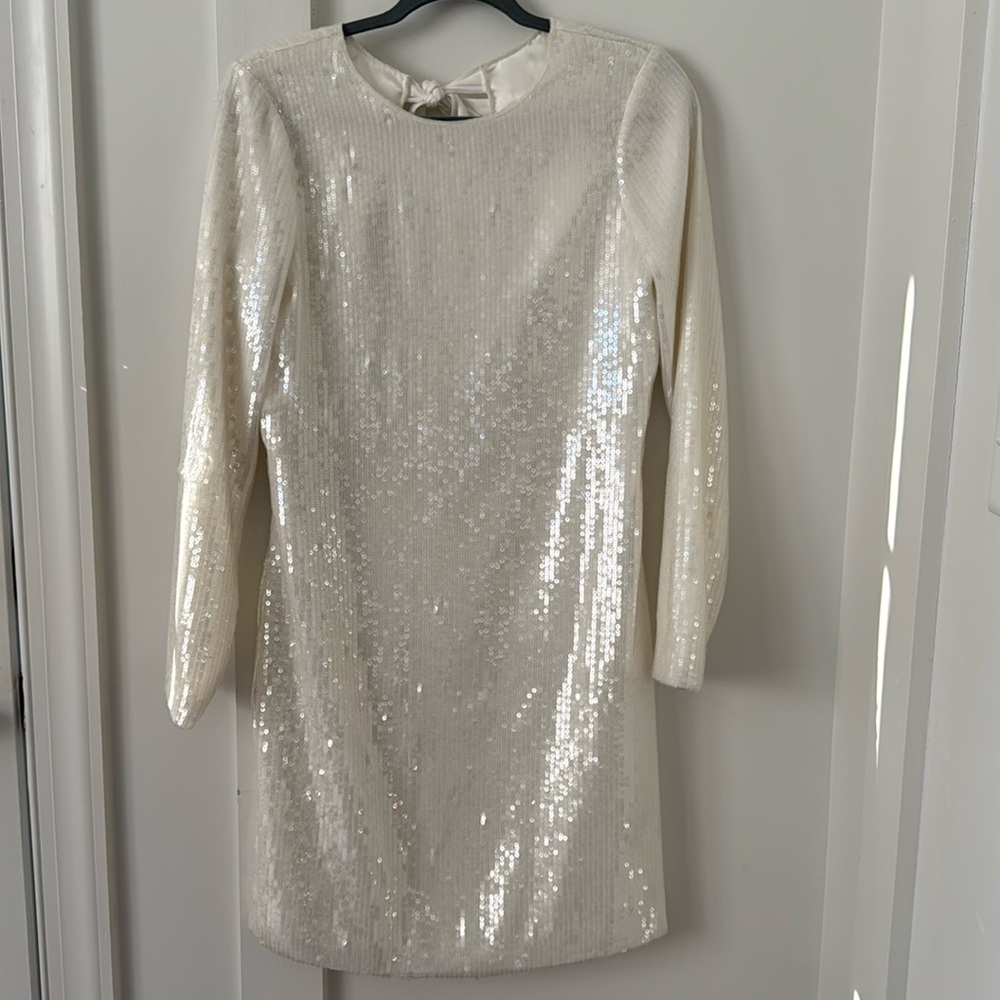 NEW Amsale Ivory Sequin Long Sleeve Tie Back Dress Size 4